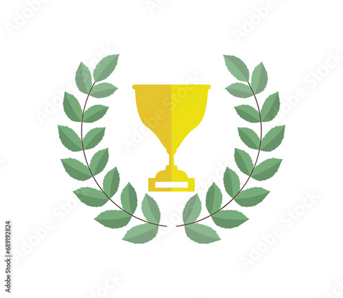 Winner trophy with award laurel wreath. Leaves victory frame. Floral branch border.