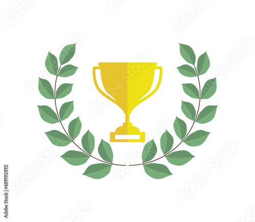 Winner trophy with award laurel wreath. Leaves victory frame. Floral branch border.