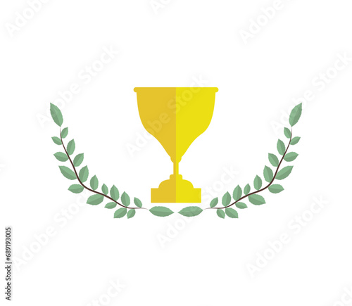 Winner trophy with award laurel wreath. Leaves victory frame. Floral branch border.