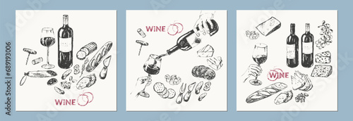 Hand drawn wine illustration set.