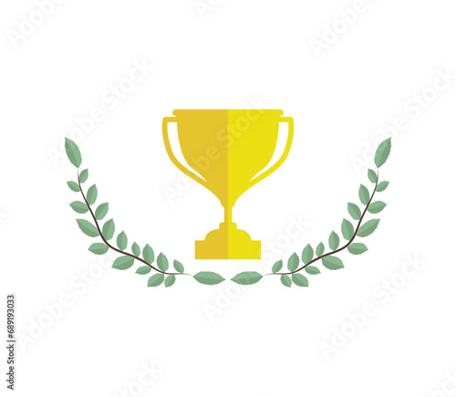 Winner trophy with award laurel wreath. Leaves victory frame. Floral branch border.