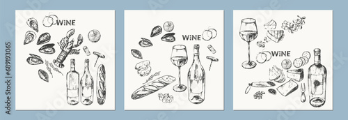 Hand drawn wine illustration set.
