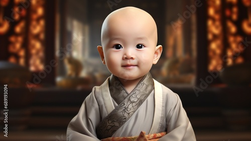 little chinese child budish monk in silver robe against the background of the temple, banner, poster