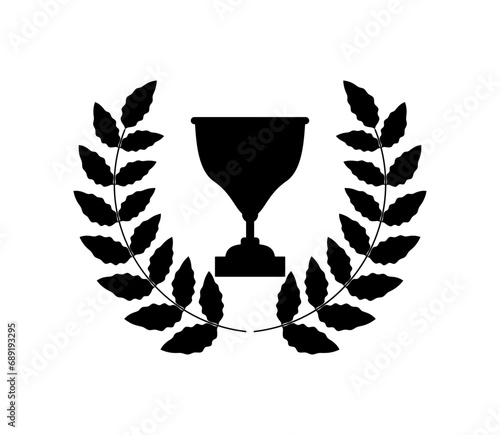 Winner trophy with award laurel wreath. Leaves victory frame. Floral branch border.
