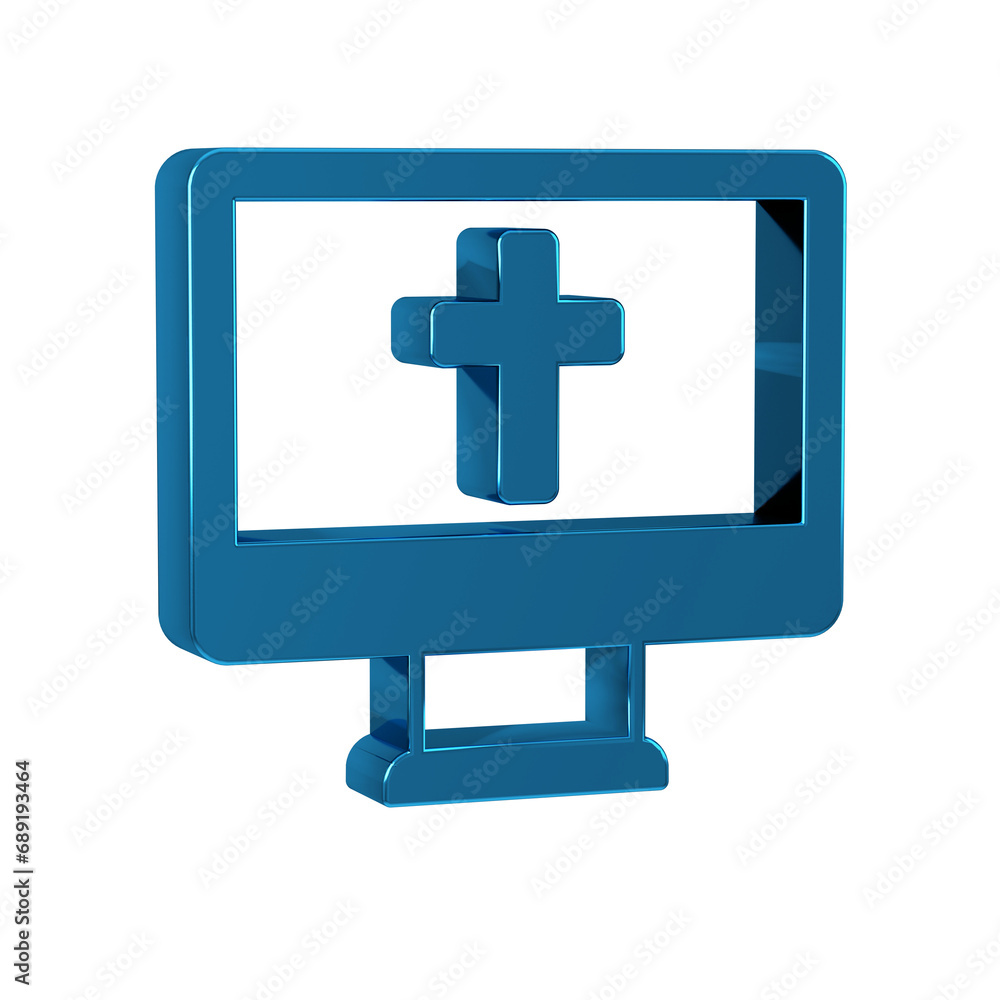 Blue Christian cross on monitor icon isolated on transparent background. Church cross. Blue Christian cross on monitor icon isolated on transparent background. Church cross.