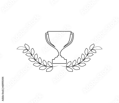 Winner trophy with award laurel wreath. Leaves victory frame. Floral branch border.