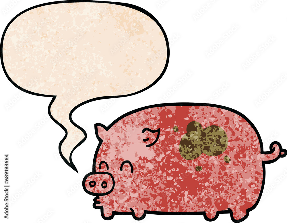 cute cartoon pig with speech bubble in retro texture style cute cartoon pig with speech bubble in retro texture style