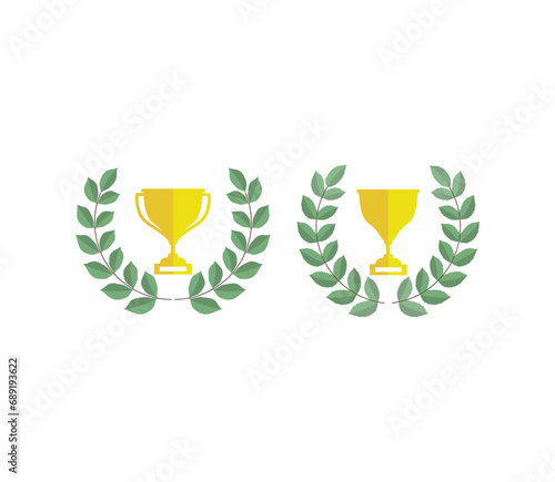 Winner trophy with award laurel wreath. Leaves victory frame. Floral branch border.