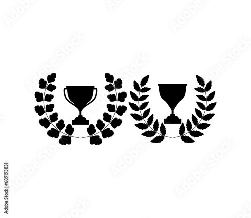 Winner trophy with award laurel wreath. Leaves victory frame. Floral branch border.