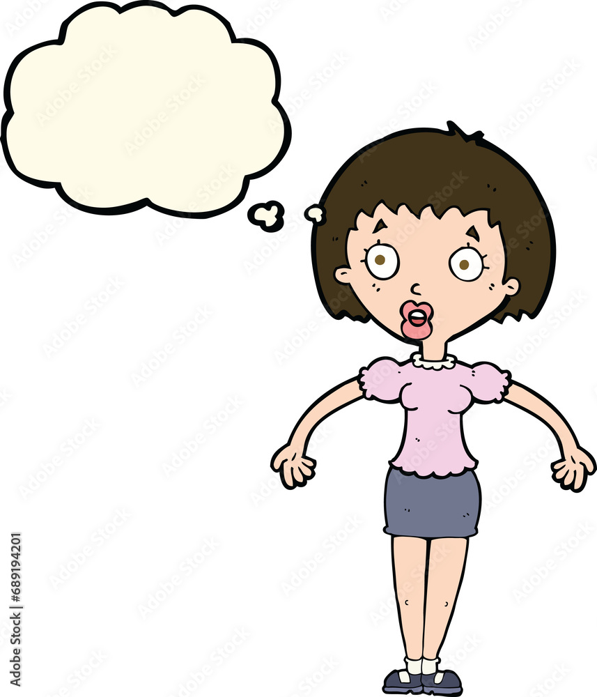 cartoon confused woman shrugging shoulders with thought bubble