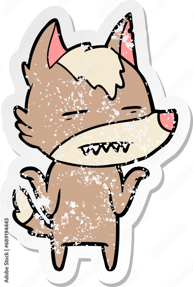 distressed sticker of a cartoon wolf showing teeth