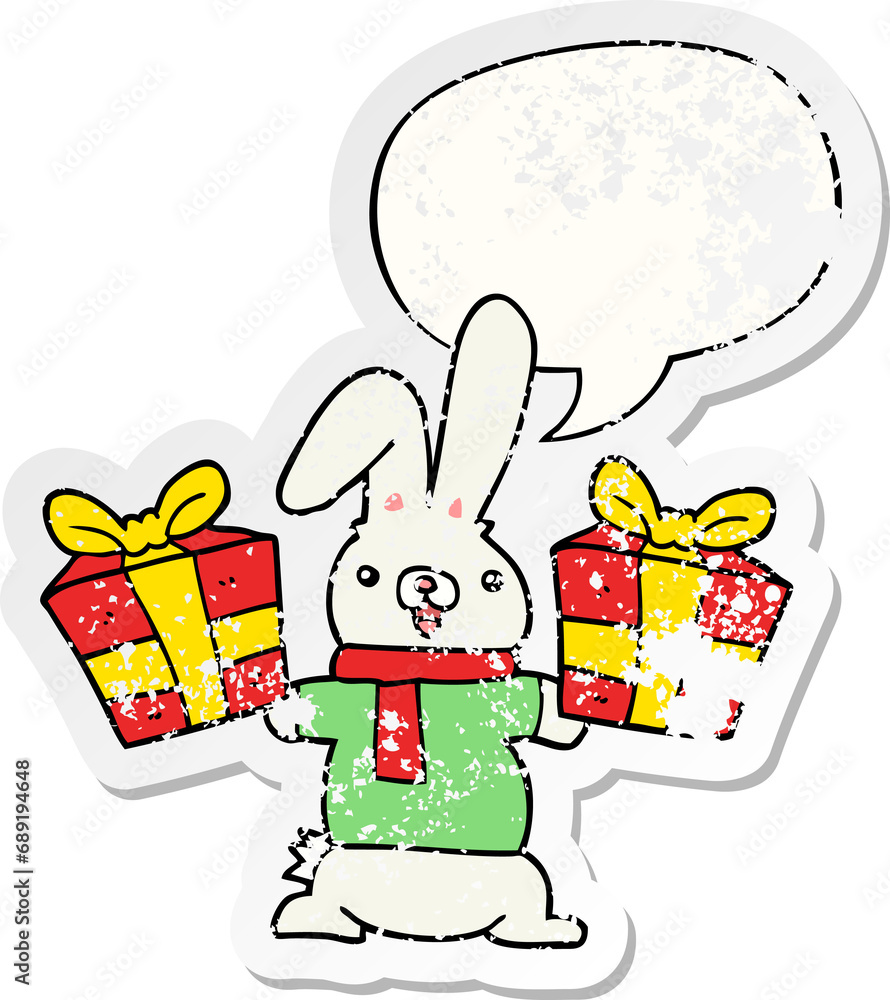 Naklejka premium cartoon rabbit with christmas presents with speech bubble distressed distressed old sticker