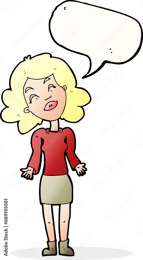cartoon woman shrugging shoulders with speech bubble cartoon woman shrugging shoulders with speech bubble