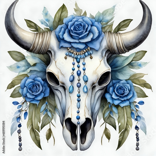 watercolor skull of a cow, bull decorated with flowers and feathers
