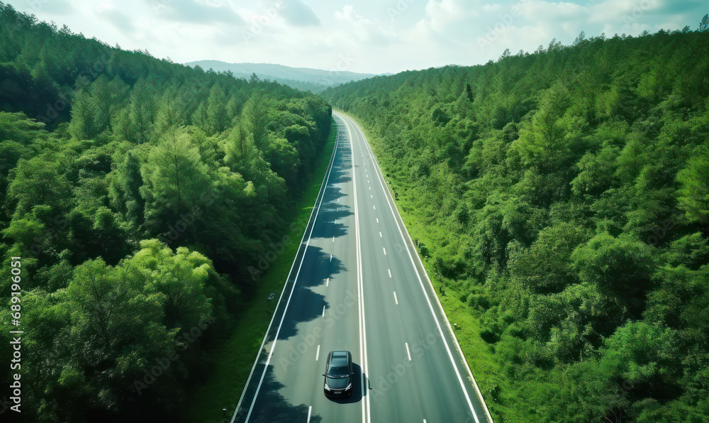 Obraz premium Aerial View of Asphalt Road Meandering Through Green Forest - Harmony of Ecology and Adventure.