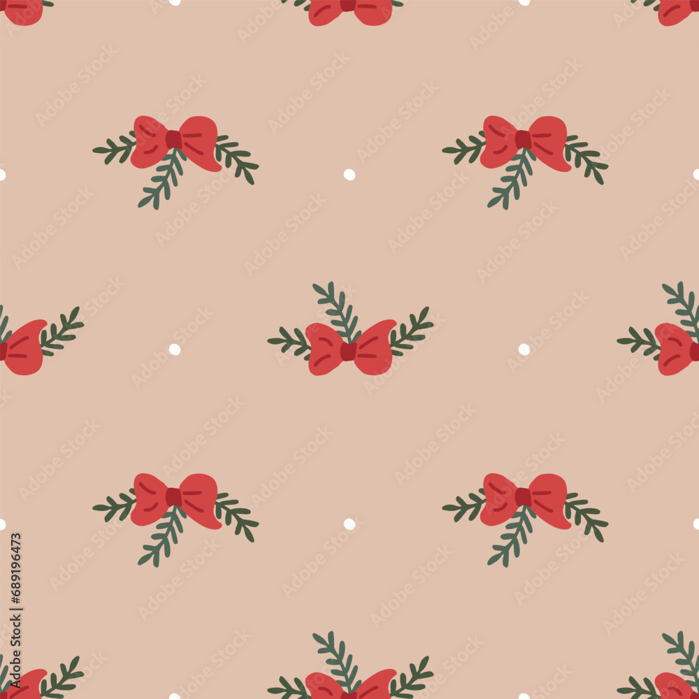 Simple seamless pattern with red bow and leaves. Christmas and New Year concept. Hand drawn retro vintage vector texture for wallpaper, prints, wrapping, textile Simple seamless pattern with red bow and leaves. Christmas and New Year concept. Hand drawn retro vintage vector texture for wallpaper, prints, wrapping, textile