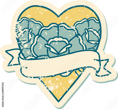 iconic distressed sticker tattoo style image of a heart and banner with flowers
