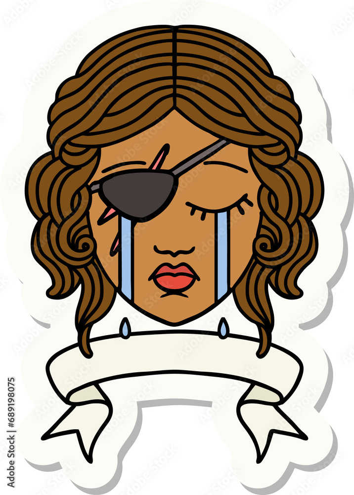 sticker of a crying human rogue with banner sticker of a crying human rogue with banner