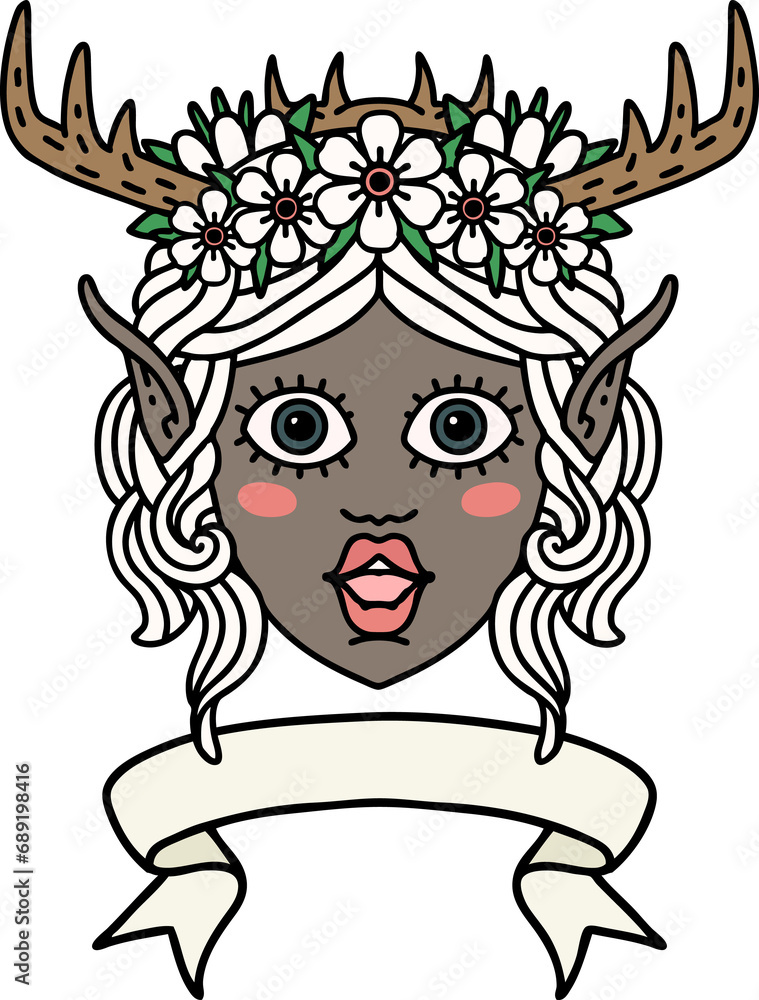 Retro Tattoo Style elf druid character face with banner Retro Tattoo Style elf druid character face with banner
