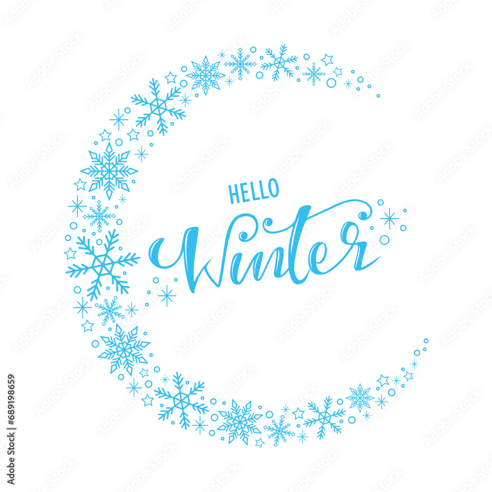 Fototapeta premium hello winter lettering with snowflakes frame, vector illustration