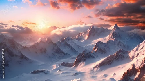 sunset over snowy glacier in mountains photo