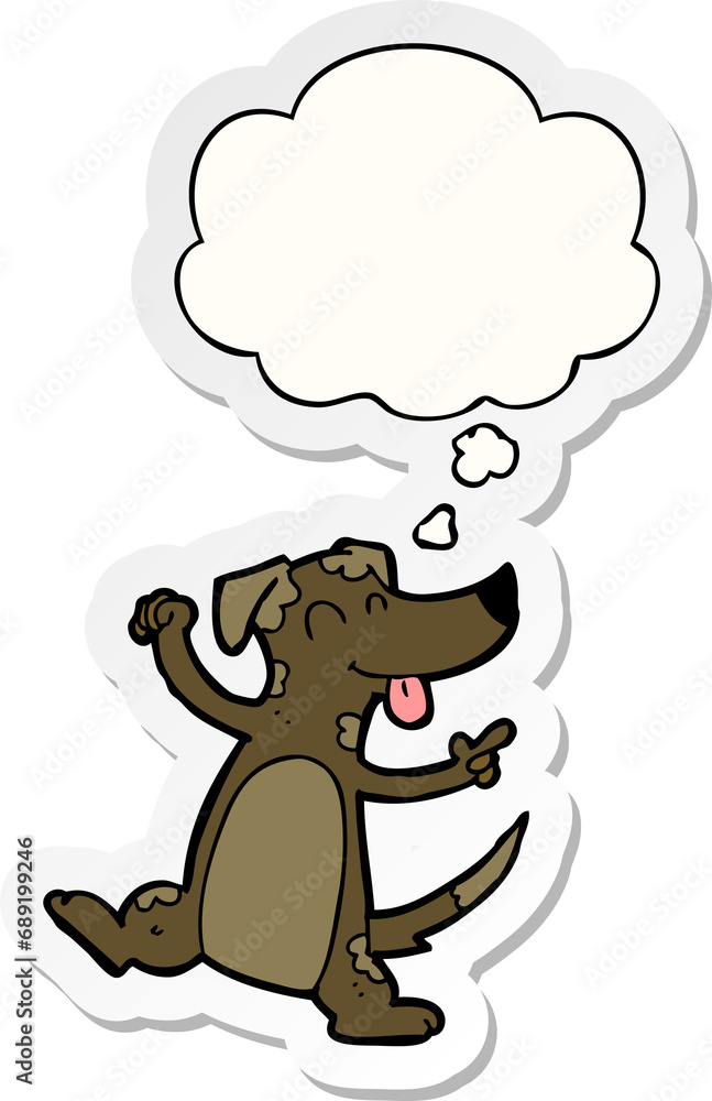 cartoon dancing dog with thought bubble as a printed sticker cartoon dancing dog with thought bubble as a printed sticker