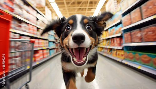 Puppy joyfully shops for pet supplies in a vast superstore.generative ai photo