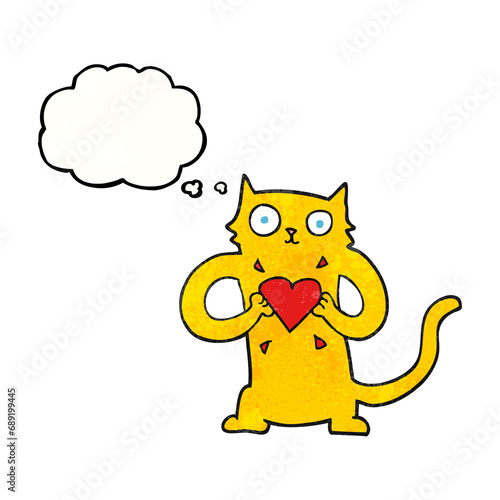 freehand drawn thought bubble textured cartoon cat with love heart