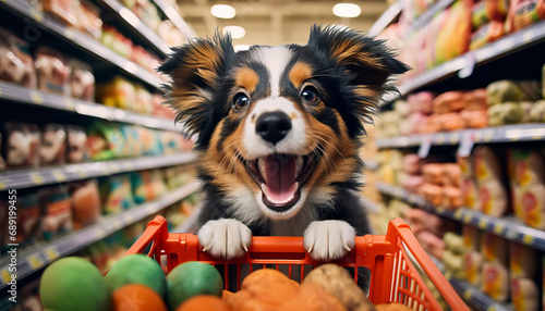 Puppy joyfully shops for pet supplies in a vast superstore.generative ai photo