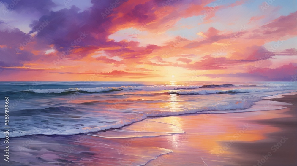 A serene beach sunset with vibrant shades of orange and purple reflecting on the calm waters, creating a magical and serene ambiance.