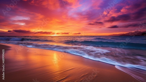 A serene beach sunset with vibrant shades of orange and purple reflecting on the calm waters  creating a magical and serene ambiance.