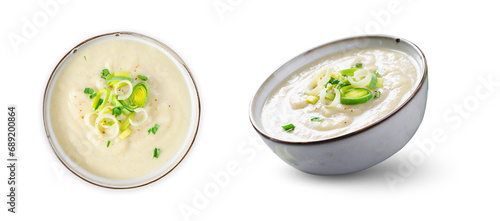 Leek Soup, Comfort Meal, Potato and Leek Creamy Soup, Vegetarian Food on White Background