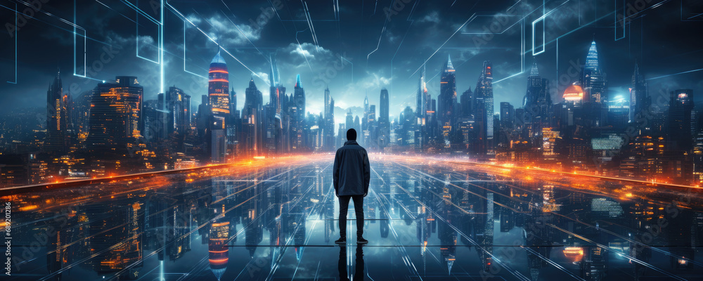 A lonely man in front of night futuristic city illuminated by lights ...