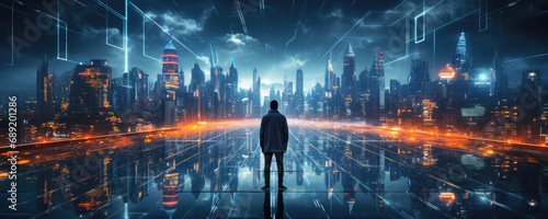 A lonely man in front of night futuristic city illuminated by lights. Horizontal illustration for banners, covers, backgrounds and other modern projects. photo
