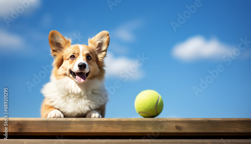 corgi dog with tennis ball photo