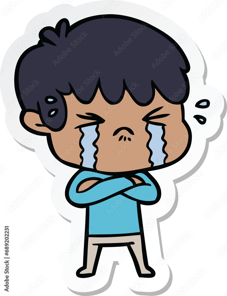 sticker of a cartoon boy crying