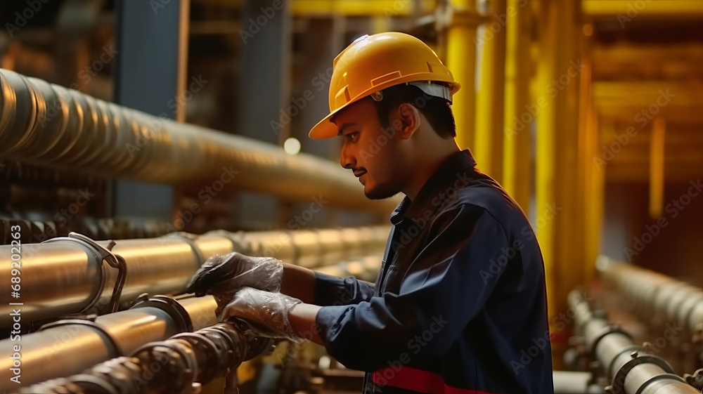 Male worker inspects steel pipes in oil refinery Male worker inspects steel pipes in oil refinery