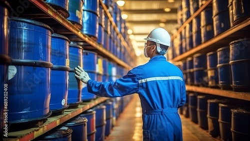 Worker inspects oil barrels in blue stock.Generative ai