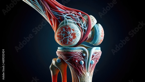 An anatomical illustration of the human knee joint, highlighting the intricate relationship between bones, cartilage, and ligaments against a dark background. photo