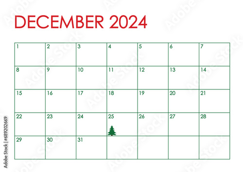December month 2024 calendar. Simple design in red and green Christmas colors and a Christmas tree marking December 25th