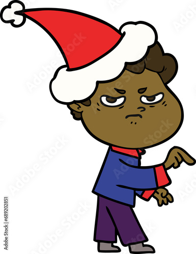 hand drawn line drawing of a angry man wearing santa hat