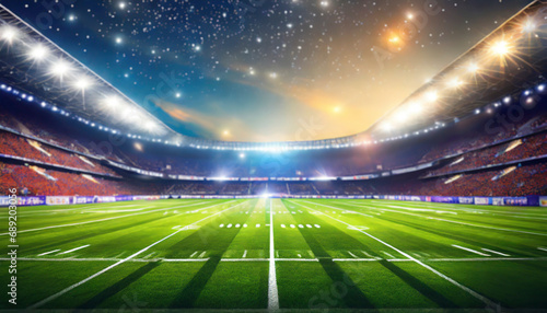 American football field illuminated by stadium lights. Sports background photo
