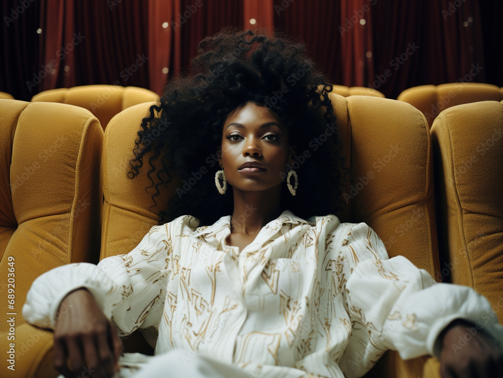 Young beautiful black woman watching movie in luxury cinema theater	