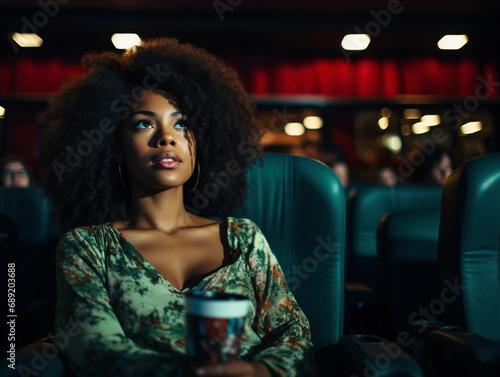 Young beautiful black woman watching movie in cinema theater