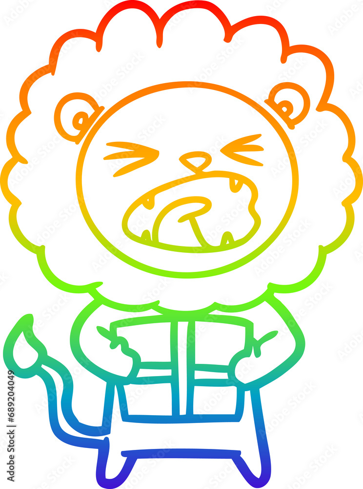 rainbow gradient line drawing of a cartoon lion with christmas present rainbow gradient line drawing of a cartoon lion with christmas present