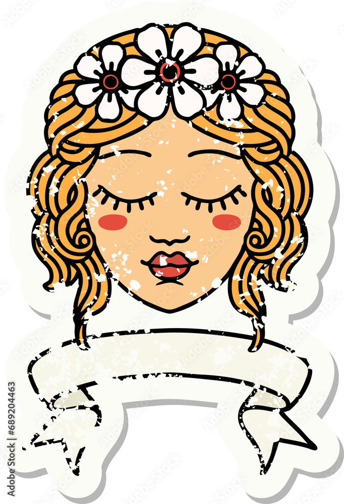 worn old sticker with banner of female face with eyes closed worn old sticker with banner of female face with eyes closed
