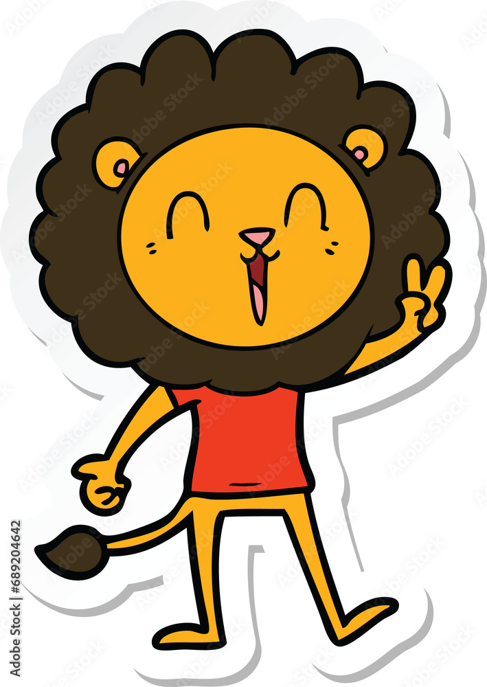 sticker of a laughing lion giving peace sign sticker of a laughing lion giving peace sign