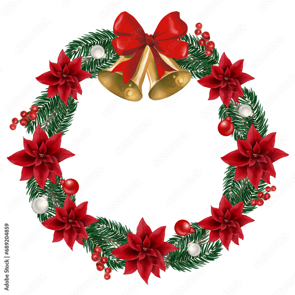 christmas wreath with holly berries and ribbon bell Hand drawn illustration on transparent background christmas wreath with holly berries and ribbon bell Hand drawn illustration on transparent background