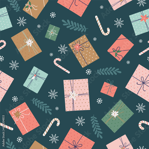 Festive seamless pattern with Christmas gifts, candies and
