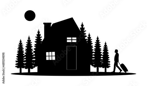 Man holding suitcase. He is walking towards a chalet. Landscape with lots of trees and sun. Travel, vacation and lifestyle concept. Vector illustration.